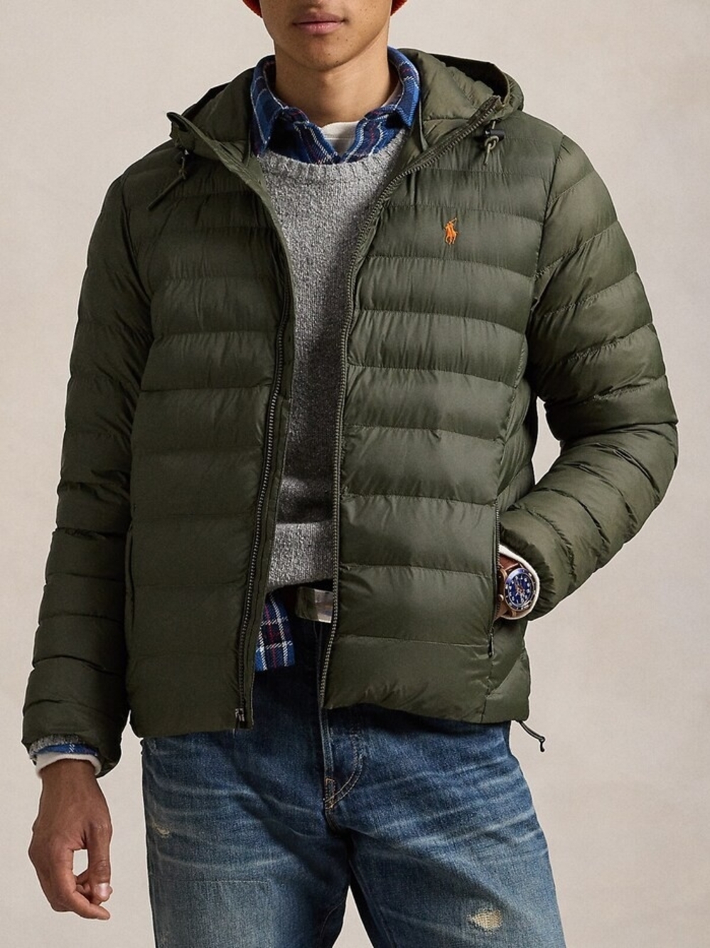 Polo by Ralph Lauren Men's Olive Green Hooded Down Puffer Packable Jacket Size M